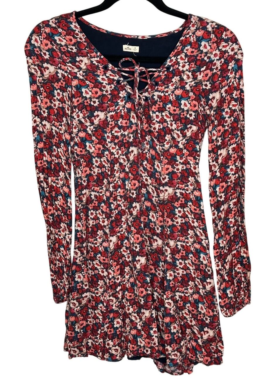 Hollister Dress Women XS Blue Red Floral Fit & Flare Long Sleeve V-Neck Mini EUC